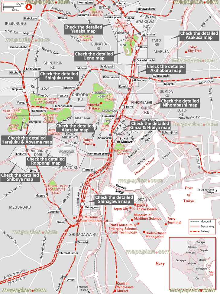 all districts neighborhoods metro train stations navigation ginza hibiya akasaka nihonbashi shinjuku ueno shibuya yanaka roppongi harajuku aoyama asakusa akihabara odaiba island shinagawa sky tree yoyogi park meiji shrine outer garden imperial palace east botanical gardens Tokyo top tourist attractions map