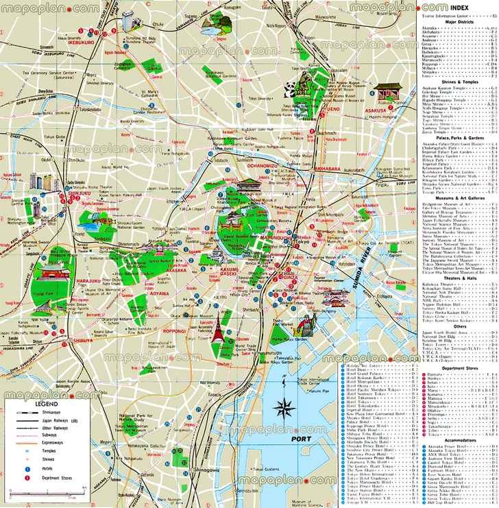 tourist information center easy overview best landmarks subway train stations districts hotel accommodation museums art galleries theatres department stores shopping malls centers zojoji temple kanda myojin shrine tower meiji shrine yoyogi park akasaka palace tsukiji fish market rikugien gardens Tokyo top tourist attractions map