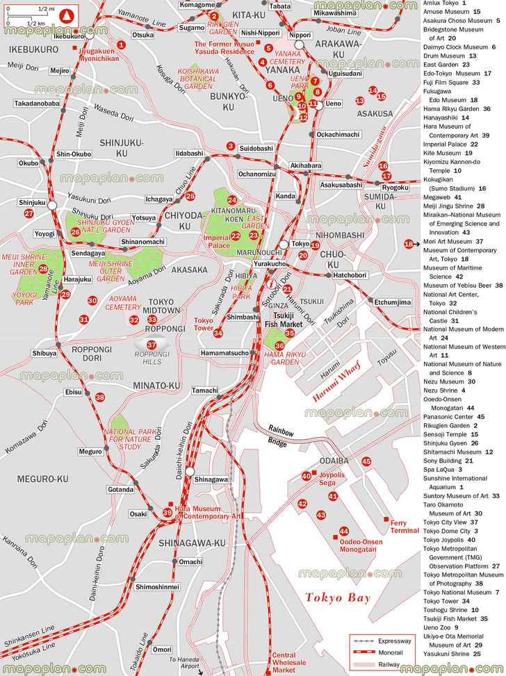 virtual sightseeing plan famous metropolitan area metro train stations what see where go historical old sites guide museums art galleries exhibitions great historic spots rikugien garden sumida river yasukuni shrine joypolis shinjuku gyoen national gardens Tokyo top tourist attractions map