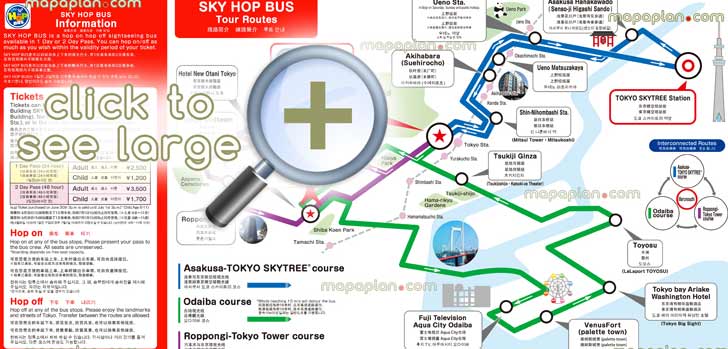 skybus hop on hop off double decker open red couch tour stops must do places central highlights fun things do kids children family sky tree solamachi mall sumida aquarium midtown roppongi hills tower rainbow bridge aqua city ginza ueno zoo sensojis Tokyo top tourist attractions map