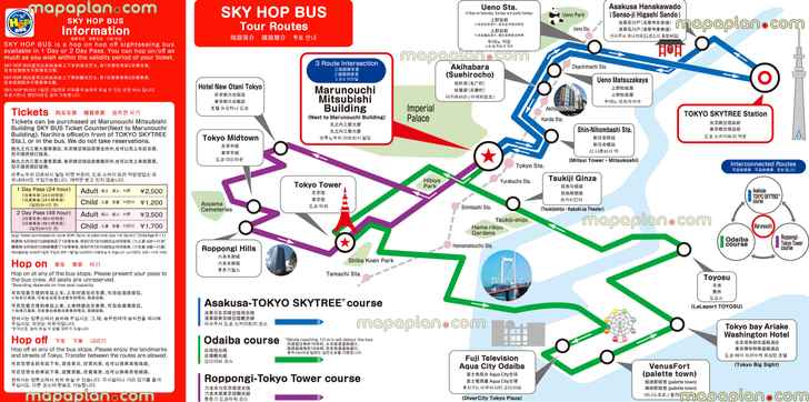 skybus hop on hop off double decker open red couch tour stops must do places central highlights fun things do kids children family sky tree solamachi mall sumida aquarium midtown roppongi hills tower rainbow bridge aqua city ginza ueno zoo sensojis Tokyo top tourist attractions map