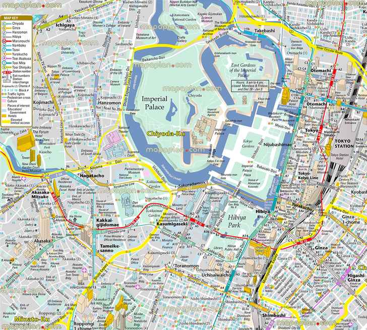 imperial palace gardens chiyoda 3d english marunouchi ginza districts detailed road street names plan favourite points interest kokyo seimon main gate bridge hibiya park metro train station otemachi yurakucho nagatacho akasaka kojimachi ichigaya shimbashi hotelss Tokyo top tourist attractions map