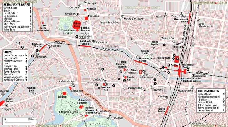 kanda akihabara districts orientation directions local train metro stations dome city bunkyo science museum baseballs Tokyo top tourist attractions map