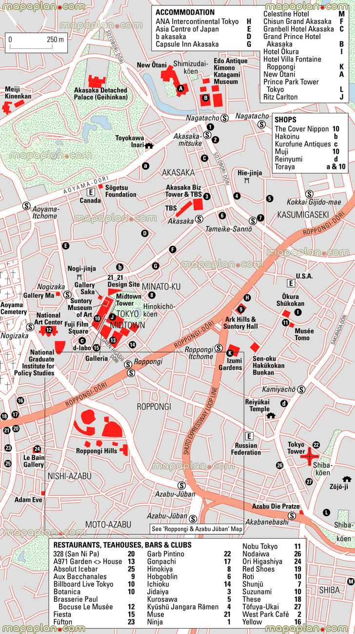 akasaka roppongi midtown detailed plan hiejinja shrine sacas hills tower akasaka detached palace geihinkan kimono museums Tokyo top tourist attractions map