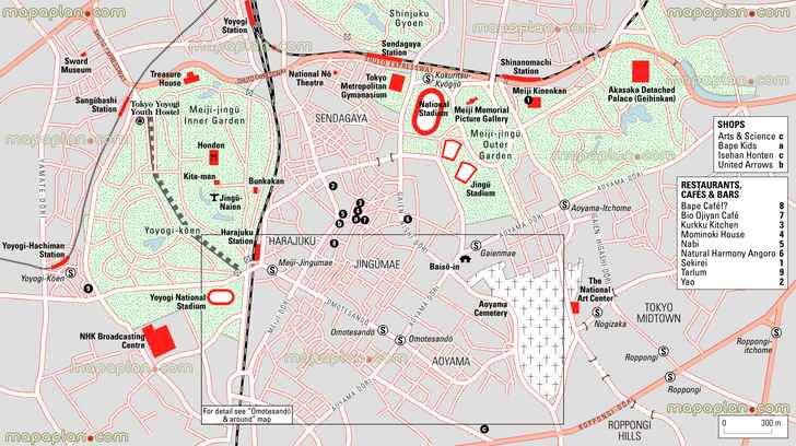 harajuku metro station stop aoyama district nearby must see places meiji jingu shrine inner outer garden yoyogi koen shuto expressway highway shops yoyogi parks Tokyo top tourist attractions map