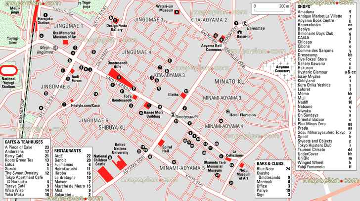 omotesando hills metro train station around local area az list shops outlets harajuku shibuya minatos Tokyo top tourist attractions map