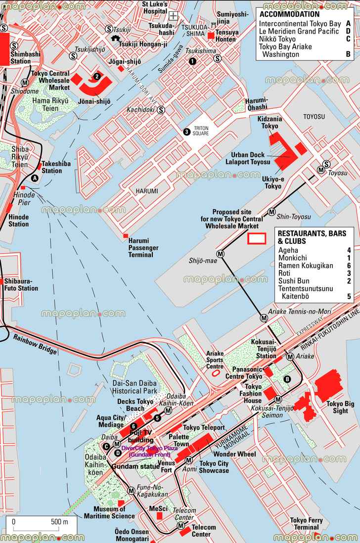 odaiba island bay monorail divercity plaza gundam front gundam statue palette town rainbow bridge hama rikyu teien garden shiodome panasonic center big sight tsukishima mesci museum emerging science and innovation bayside seaside beach park tsukishima toyosu daiba stations Tokyo top tourist attractions map