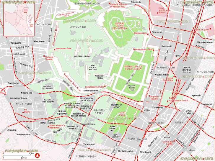 city center chiyada imperial palace zone distances gates sakuradamon hanzomon otemon wadakura mon plaza yurakucho metro train line station otemachi toranomon nagatacho hie shrine ginza hibiya parks Tokyo top tourist attractions map