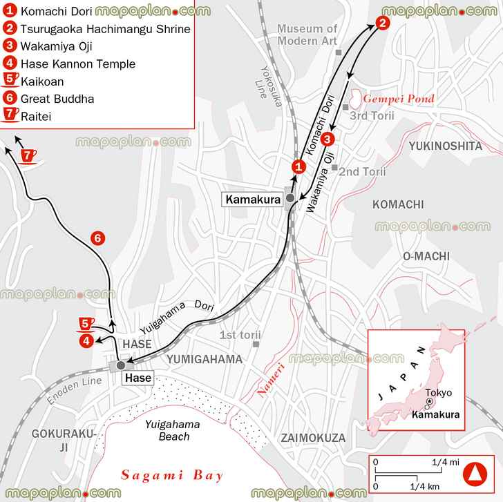 3 day trip light rail train lrt kamakura beach suburb greater komachi dori street yumigahama beach sagami bay hase kannon temple great buddhas Tokyo top tourist attractions map