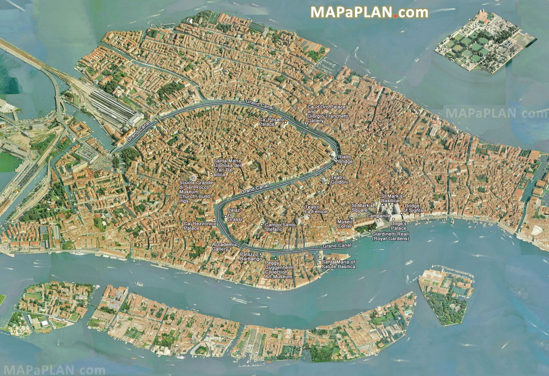 Grand Canal main buildings birds eye 3d aerial view Venice top tourist attractions map