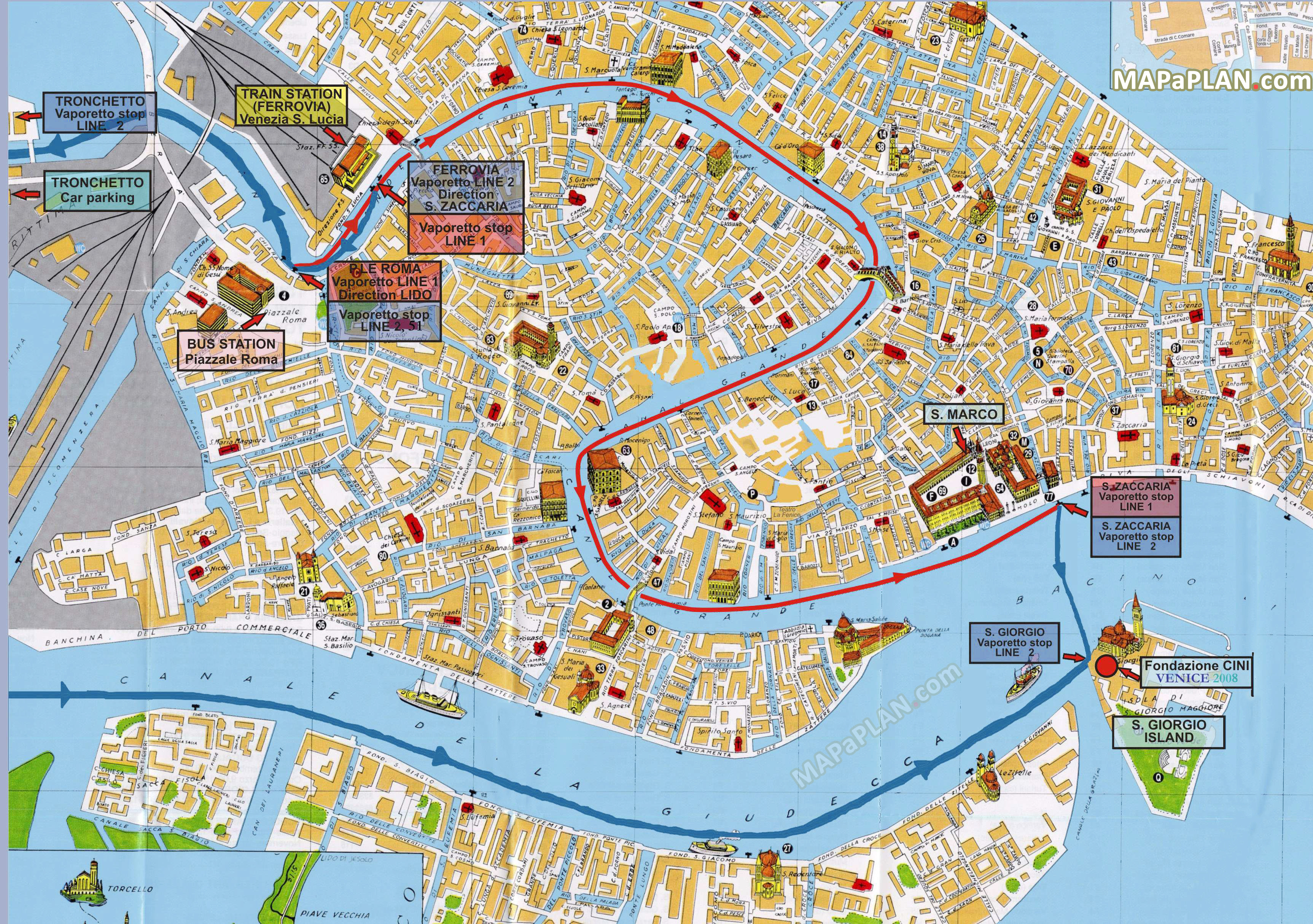 Train station Venezia Santa Lucia water buses with streets overlay Venice top tourist attractions map