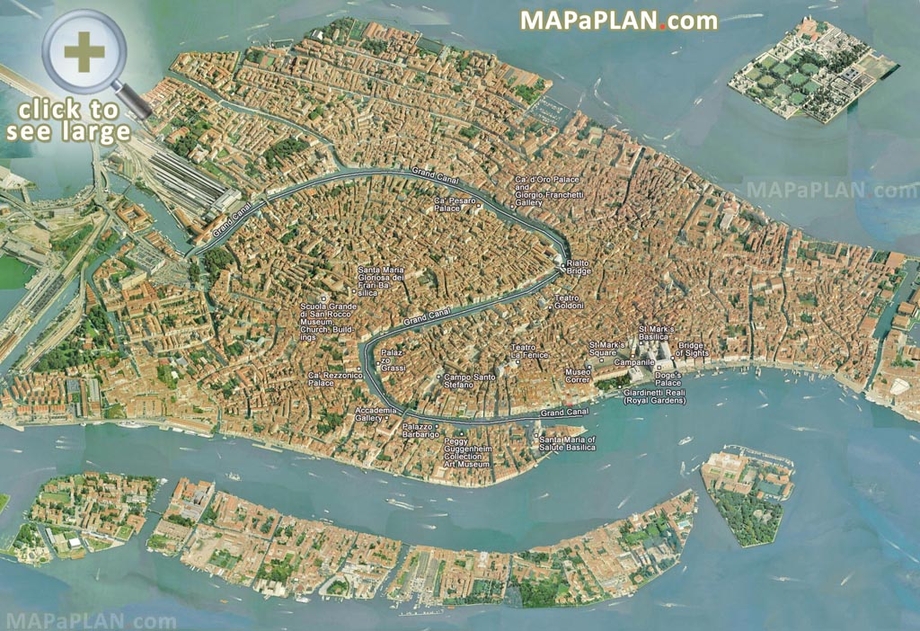 Grand Canal main buildings birds eye 3d aerial view Venice top tourist attractions map