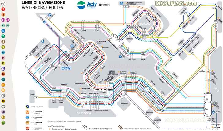 Water bus transit lines stations Vaporetto Actv public transport planner Venice top tourist attractions map