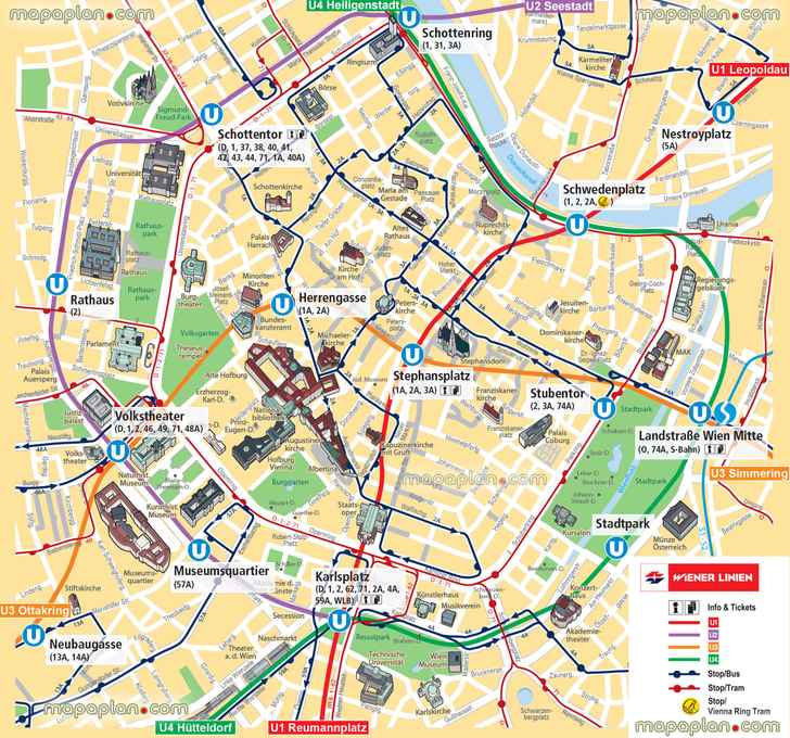 u bahn underground subway metro stations tram stops bus routes numbers must see historical places central Vienna 3d aerial satellite view public transport liness Vienna Top tourist attractions map