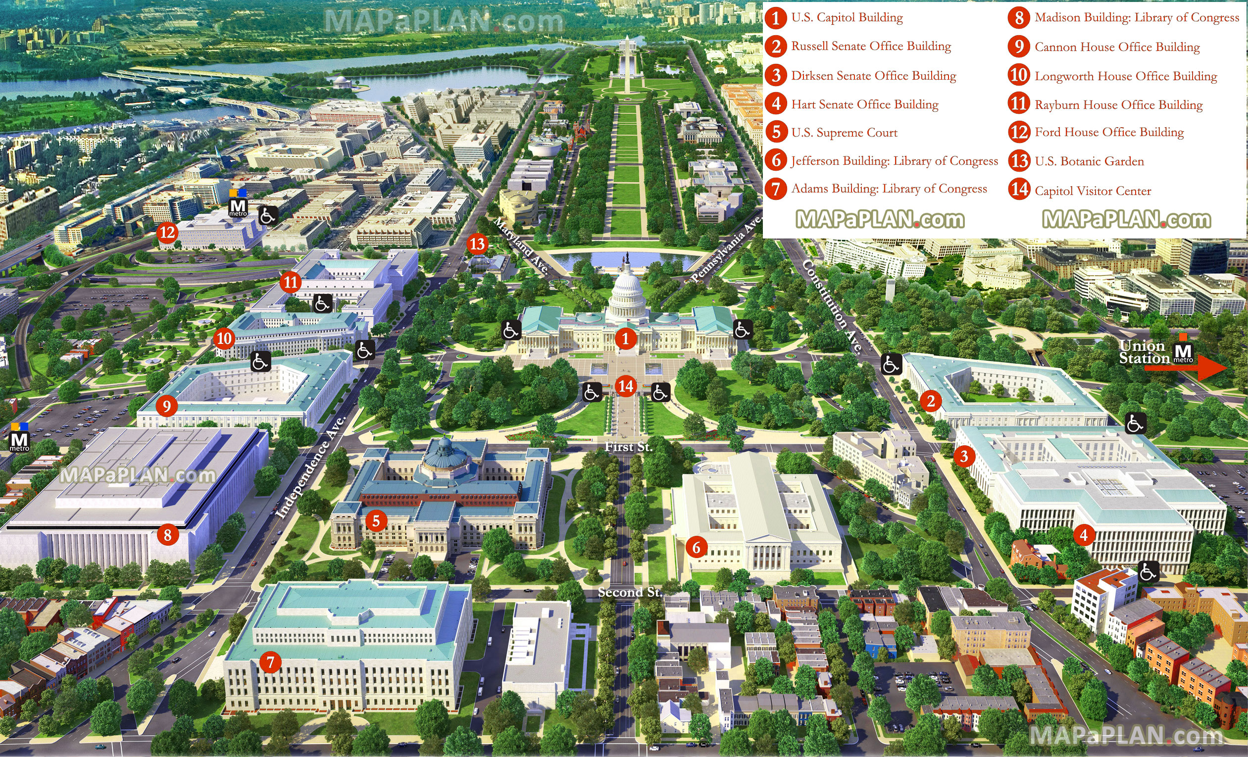 birds eye aerial virtual interactive view poster favourite old historic location famous 3d building Washington DC top tourist attractions map