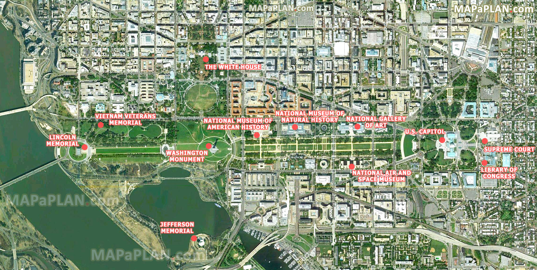satellite image walking trail route best points interest washington monument white house capitol Washington DC top tourist attractions map