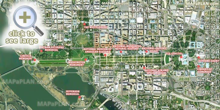 satellite image walking trail route best points interest washington monument white house capitol Washington DC top tourist attractions map