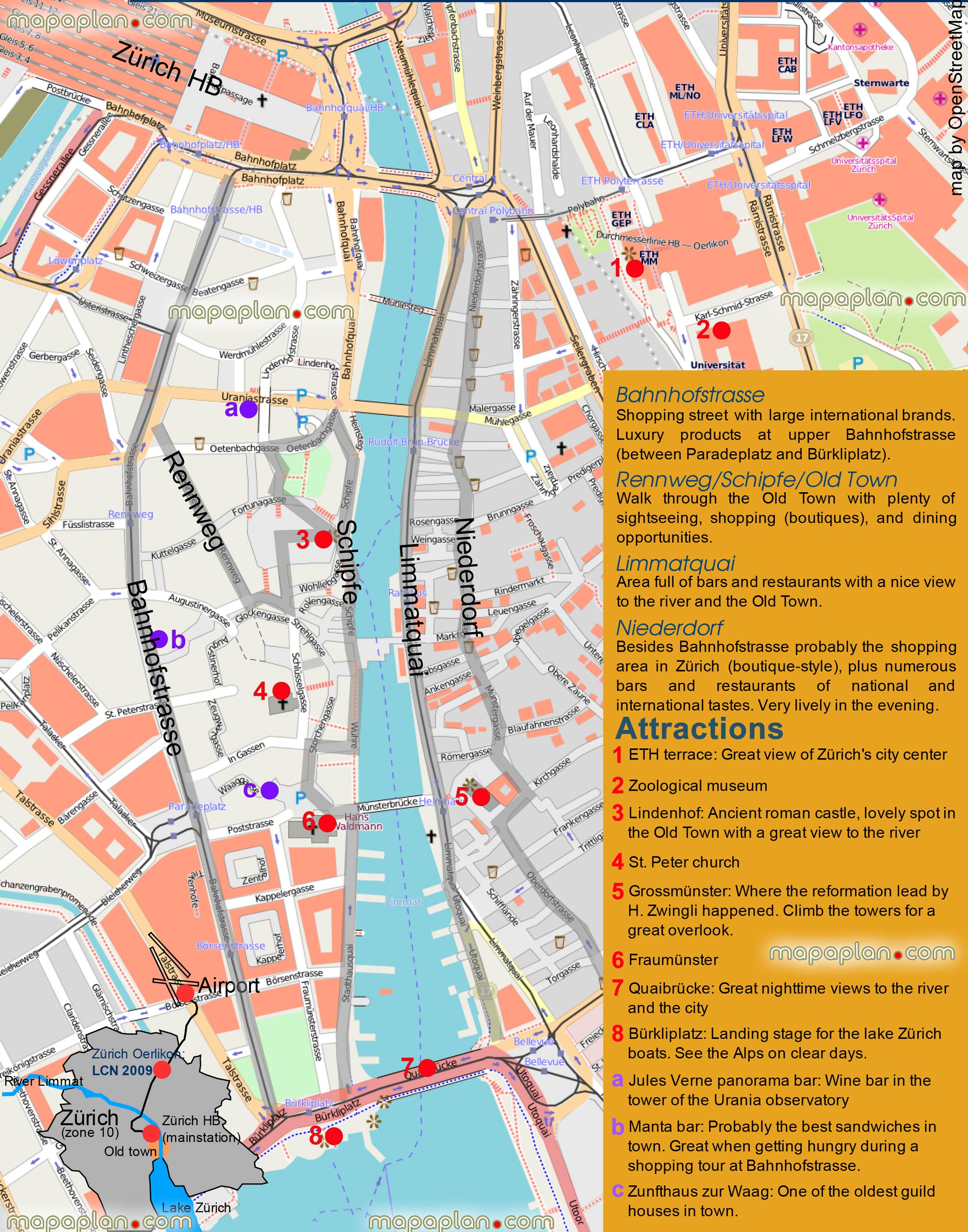 zurich printable detailed interactive virtual city stadt karte plan interactive downloadable tourist guide visitors english must see places travel layout plan free download offline places visit must see tourist attractions famous destinationss Zurich Top tourist attractions map