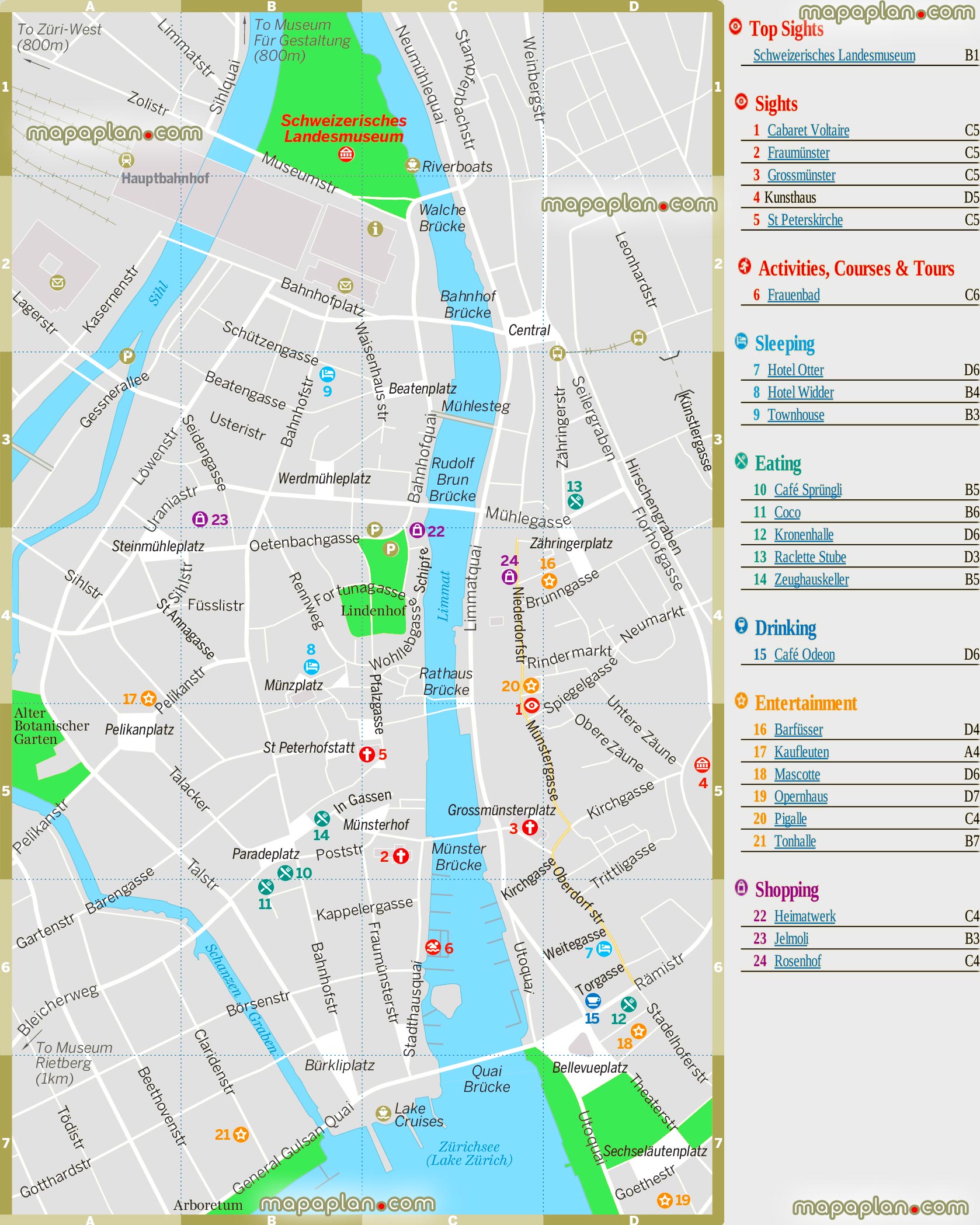 Zurich top tourist attractions central railway train station tourist information centre free interactive printable detailed visitors guide street names must see destinations hot spots worth visiting best points interest old town altstadt sights hotels restaurants shoppings Zurich Top tourist attractions map