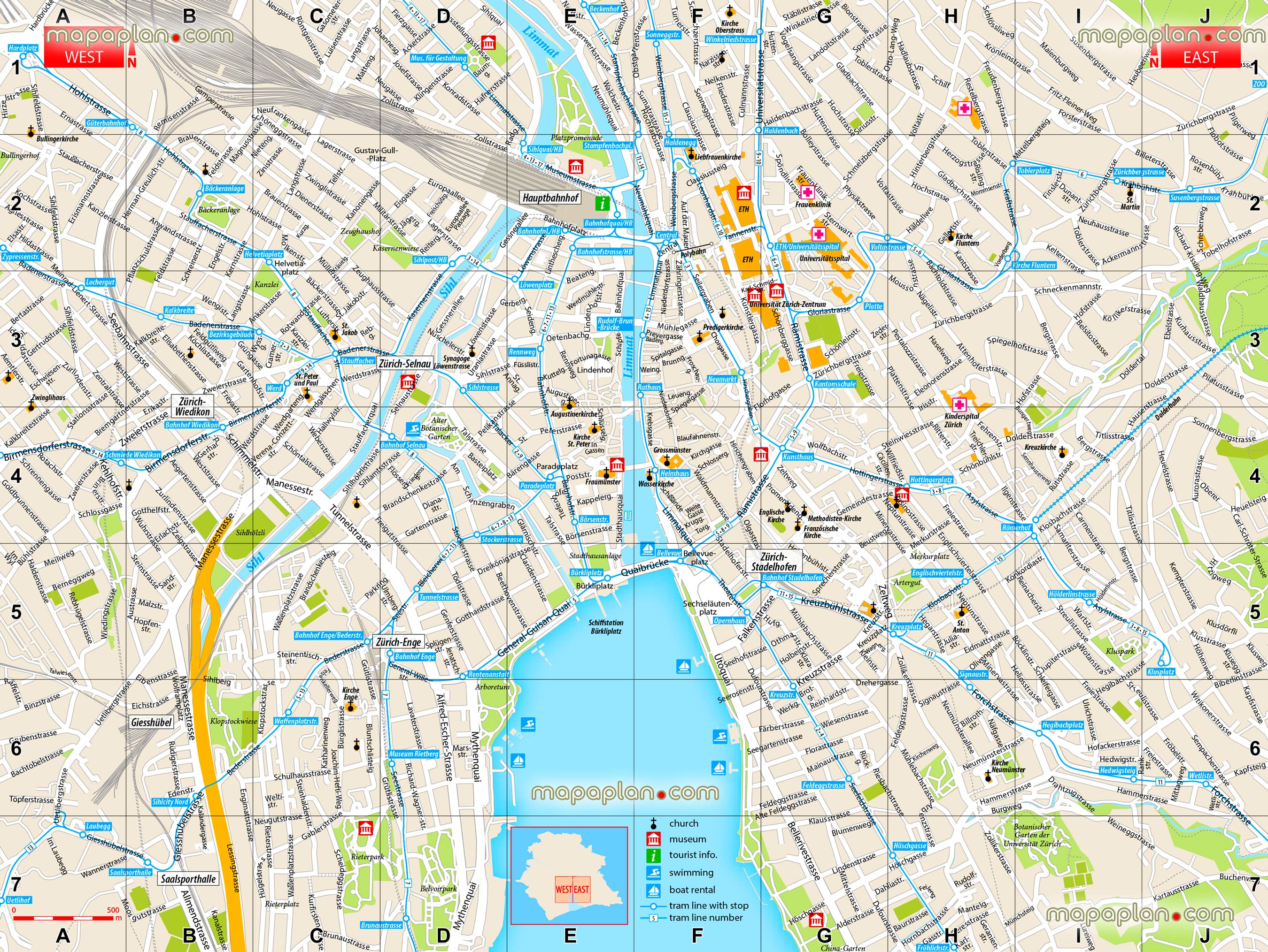 Zurich top highlights guide english high quality large scale printable sightseeing vector tram lines stops tourist information center main train station hauptbahnhof itinerary planner navigation directions best sights landmarks travel sites points interests Zurich Top tourist attractions map