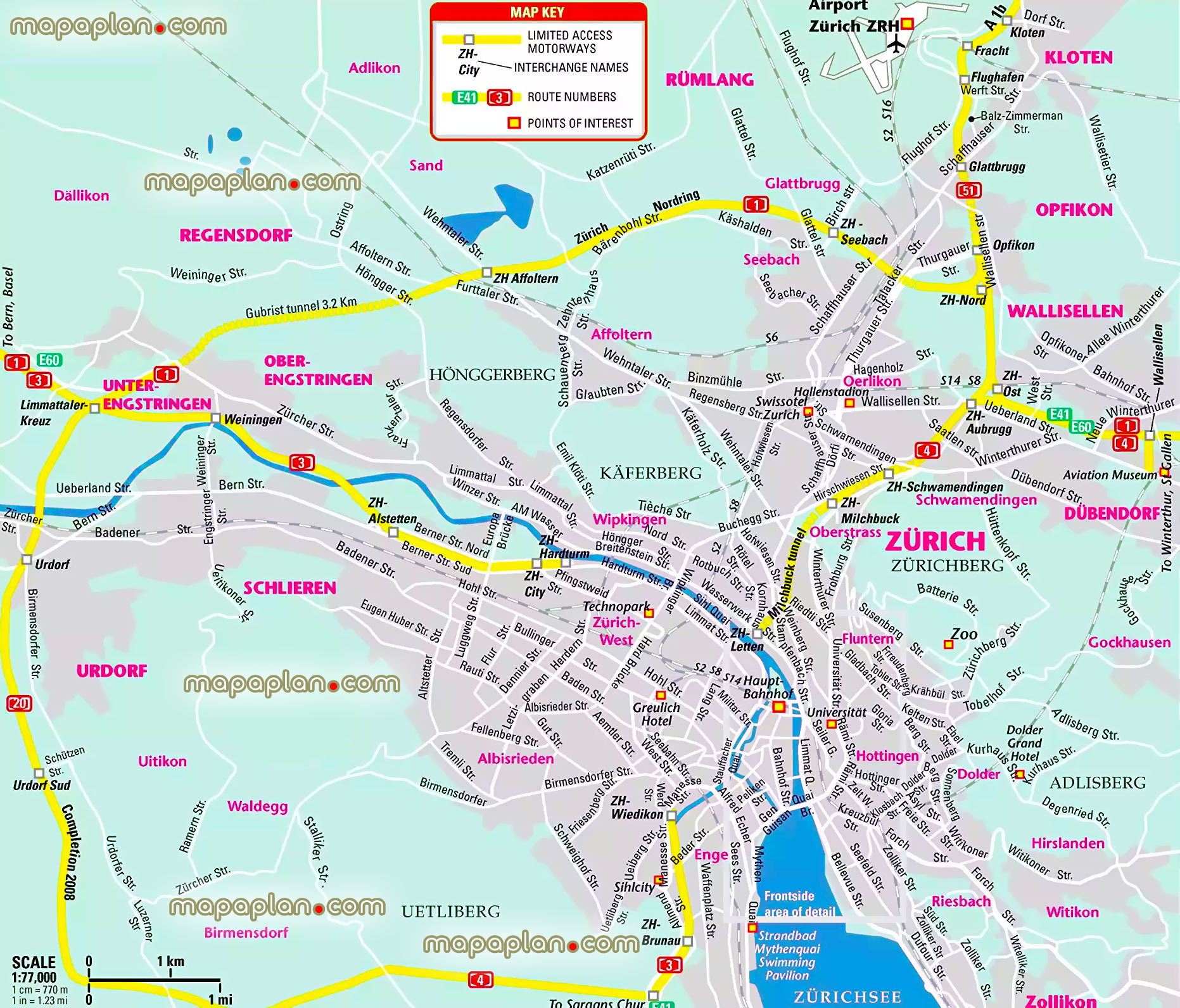 greater zurich metropolitan area free download printable detailed guide surrounding area attractions road airport cities main districts neighbourhoodss Zurich Top tourist attractions map