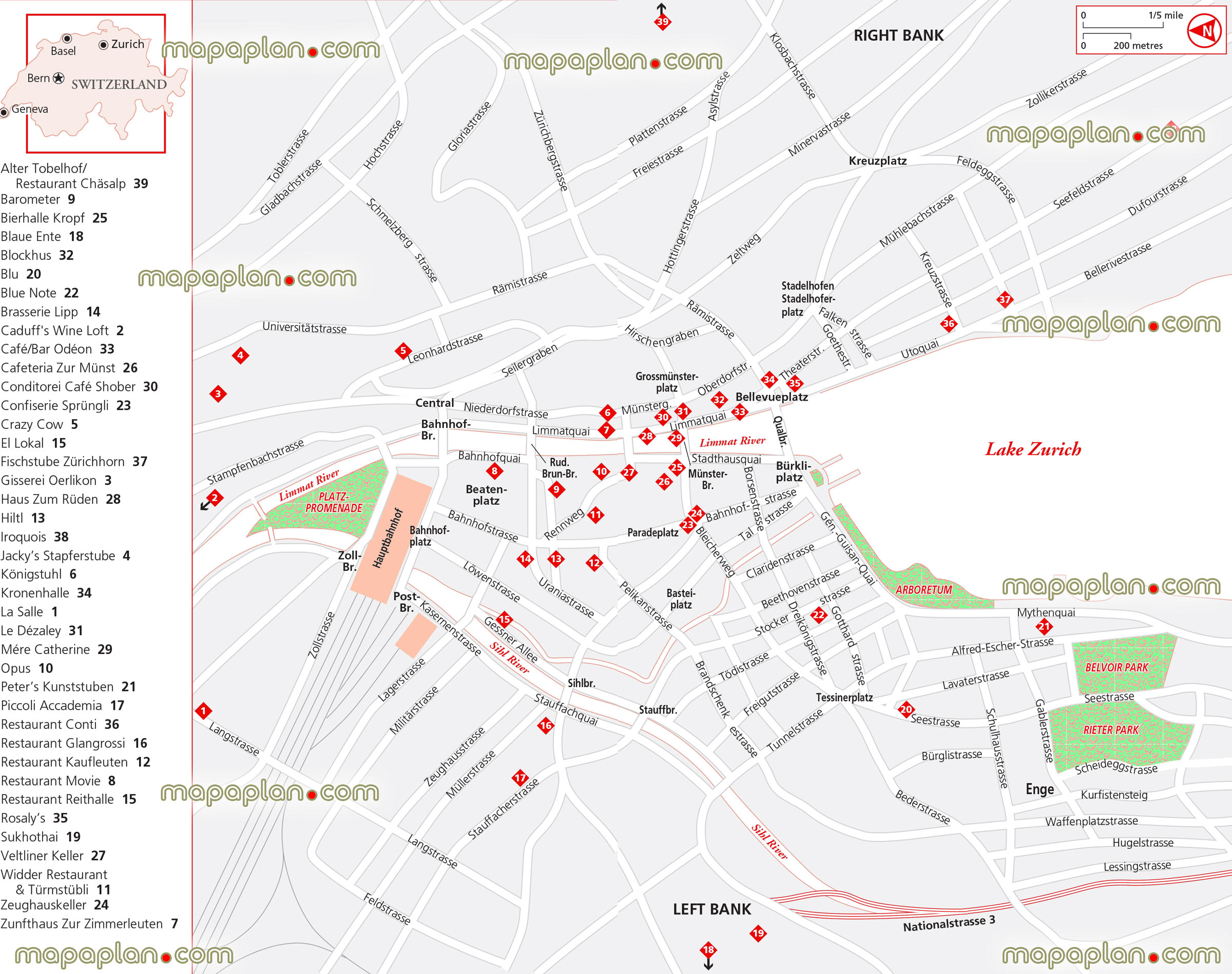 restaurants left right bank Zurich city center Zurich location switzerland europes Zurich Top tourist attractions map