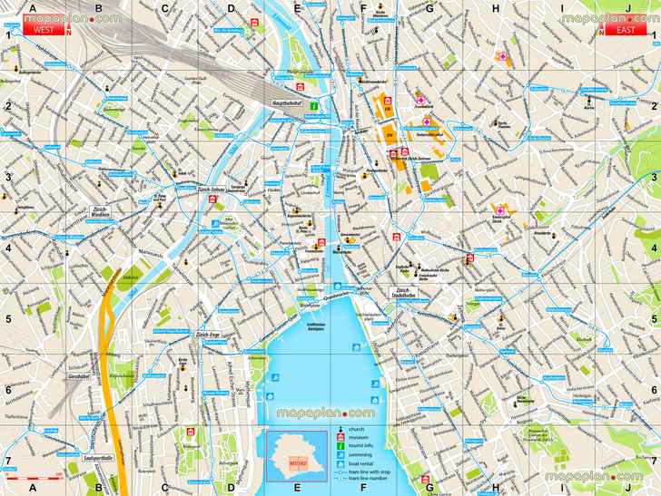 Zurich top highlights guide english high quality large scale printable sightseeing vector tram lines stops tourist information center main train station hauptbahnhof itinerary planner navigation directions best sights landmarks travel sites points interests Zurich Top tourist attractions map