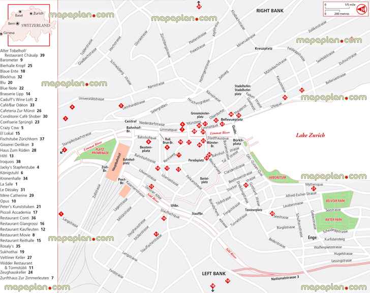 restaurants left right bank Zurich city center Zurich location switzerland europes Zurich Top tourist attractions map